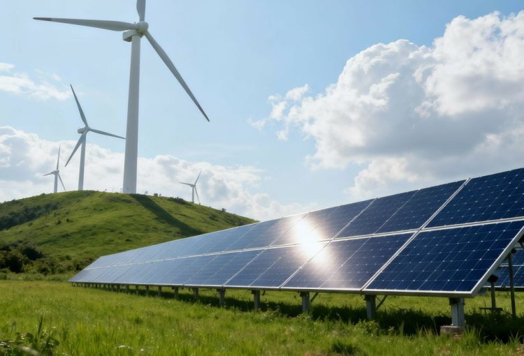 Slika prikazuje fotonaponske elektrane ispod vjetroelektrana